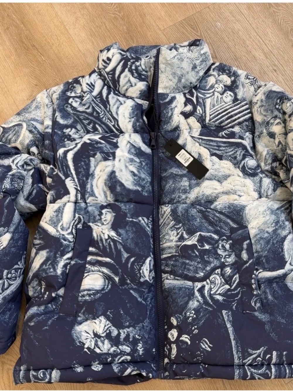Fashion Nova Navy and White Printed Puffer Jacket